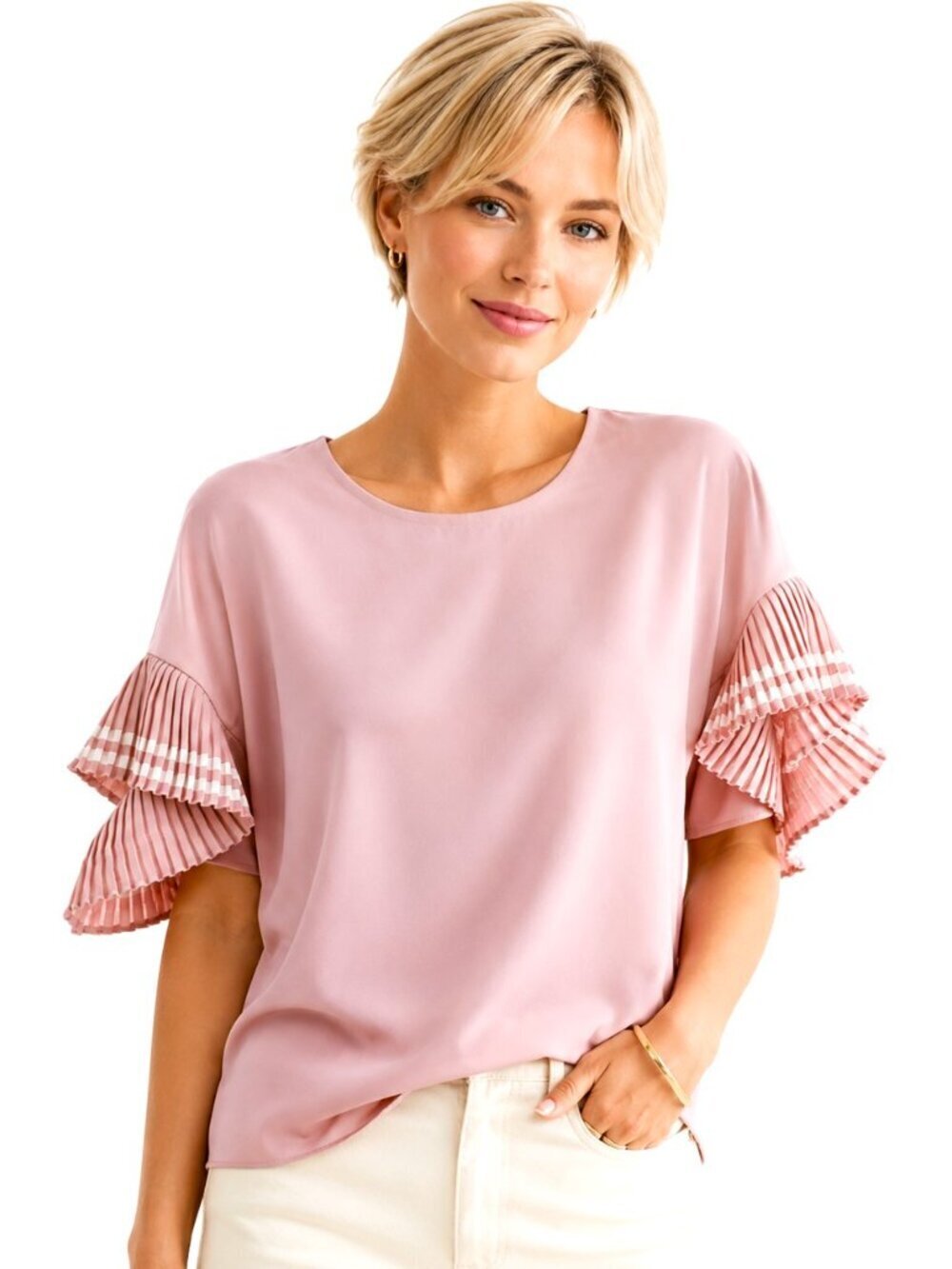 Ontwelfth Pink & White Ribbon Pleat Fan Sleeve Top
